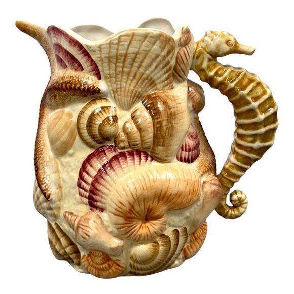 Pacific Rim Undersea Ceramic Pitcher Seahorse Starfish Sea Shells 2qt Nautical - Picture 1 of 6
